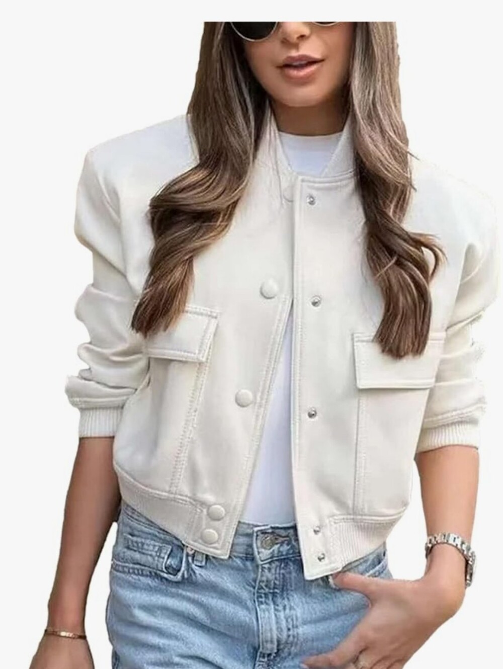 Women’s Cream Snap-Front Bomber Jacket Lined Pockets Size Large